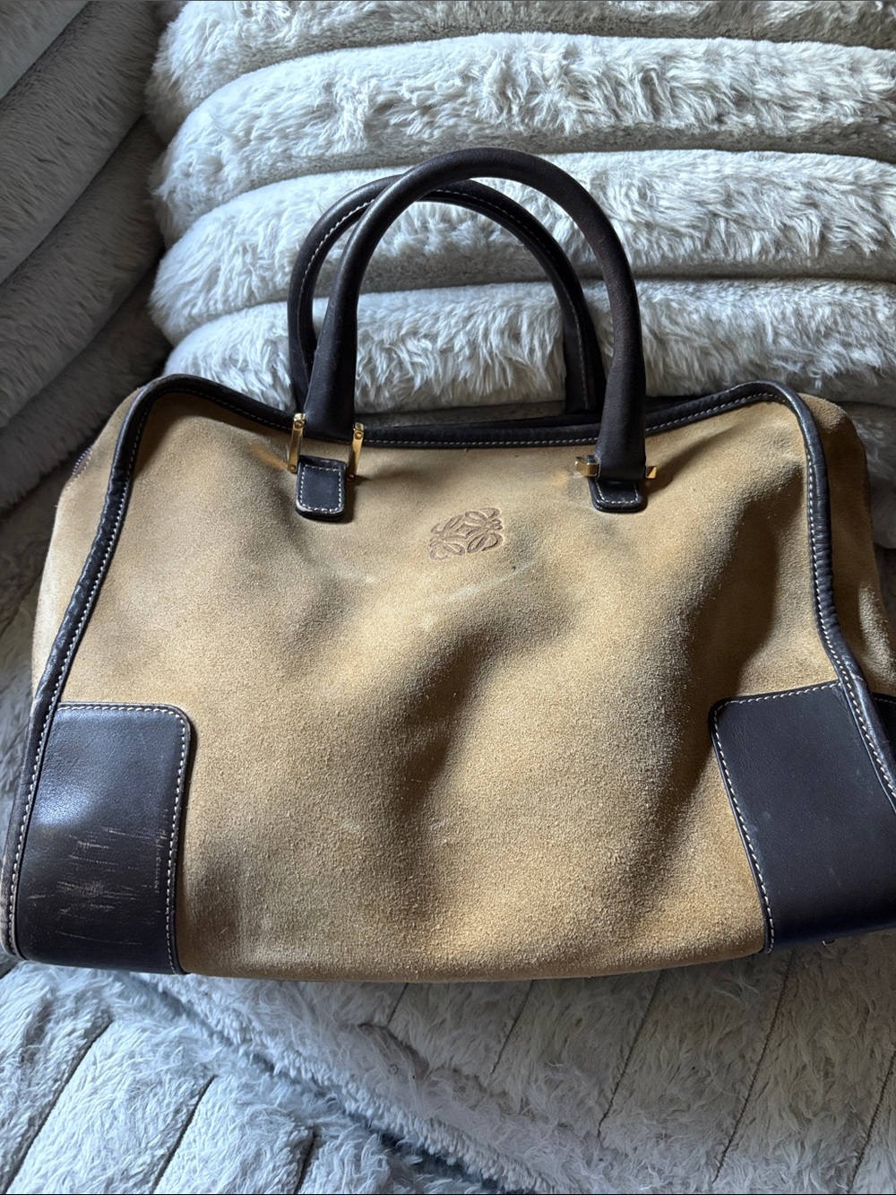 Loewe Classic Tan Suede Weekender Bag with Dark Brown Trim